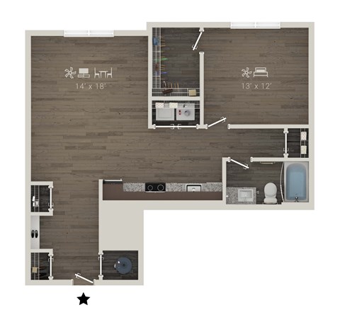 Floor plan for 1 bed, 1 bath, 861 sqft