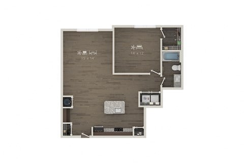 Floor plan for 1 bed, 1 bath, 977 sqft