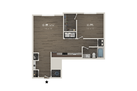 Floor plan for 1 bed, 1 bath, 846 sqft