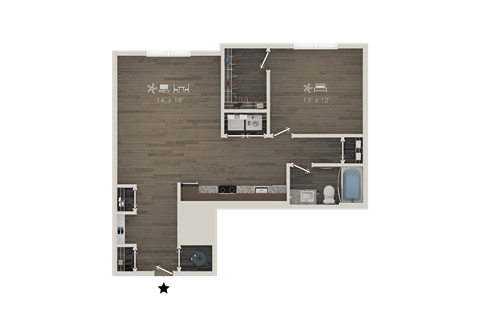 Floor plan for 1 bed, 1 bath, 861 sqft