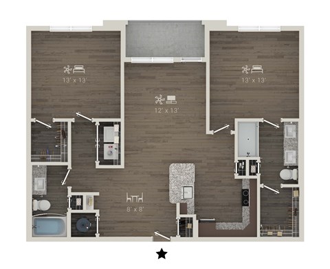 Floor plan for 2 beds, 2 baths, 1149 sqft