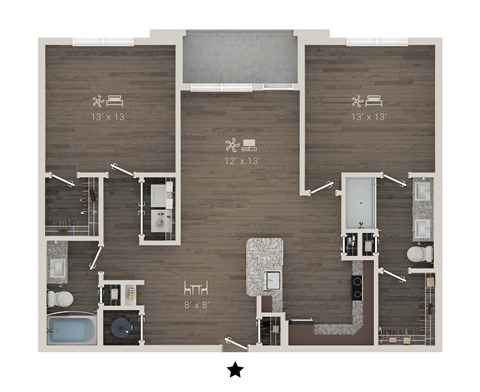 Floor plan for 2 beds, 2 baths, 1219 sqft