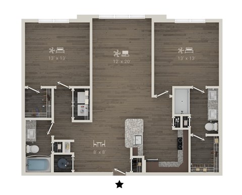 Floor plan for 2 beds, 2 baths, 1219 sqft