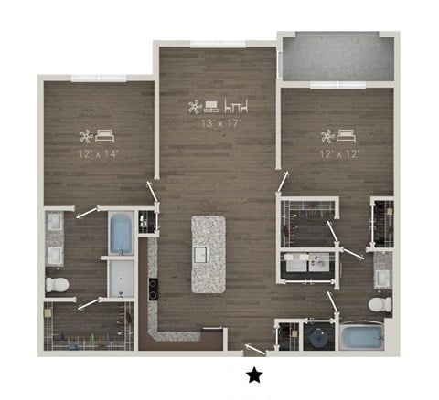 Floor plan for 2 beds, 2 baths, 1246 sqft