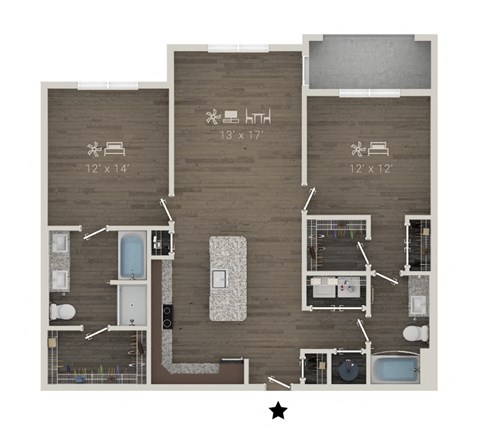 Floor plan for 2 beds, 2 baths, 1246 sqft