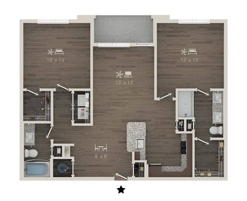 Floor plan for 2 beds, 2 baths, 1149 sqft