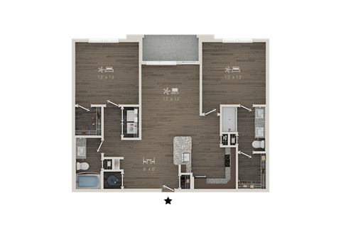 Floor plan for 2 beds, 2 baths, 1149 sqft