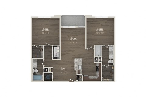 Floor plan for 2 beds, 2 baths, 1149 sqft