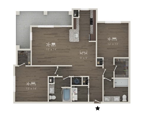 Floor plan for 2 beds, 2 baths, 1294 sqft