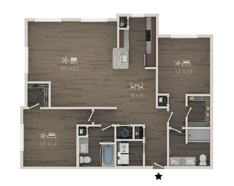 Floor plan for 2 beds, 2 baths, 1461 sqft