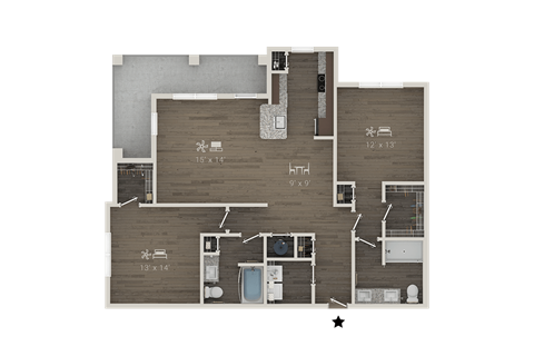 Floor plan for 2 beds, 2 baths, 1294 sqft