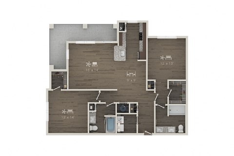 Floor plan for 2 beds, 2 baths, 1294 sqft
