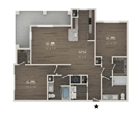 Floor plan for 2 beds, 2 baths, 1294 sqft