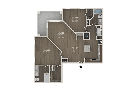 Floor plan for 2 beds, 2 baths, 1326 sqft