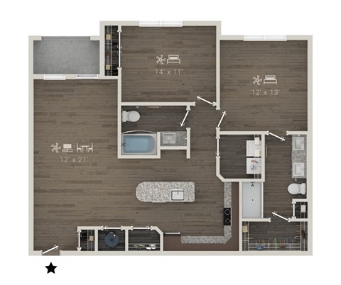 Floor plan for 2 beds, 2 baths, 1181 sqft