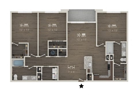 Floor plan for 3 beds, 2 baths, 1503 sqft
