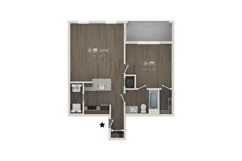 Floor plan for 1 bed, 1 bath, 675 sqft