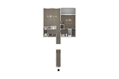 Floor plan for 1 bed, 1 bath, 813 sqft