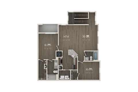 Floor plan for 2 beds, 2 baths, 1288 sqft