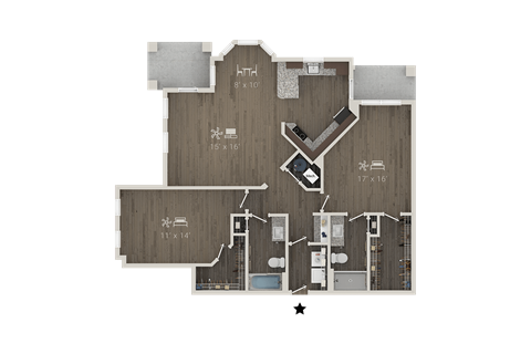 Floor plan for 2 beds, 2 baths, 1327 sqft