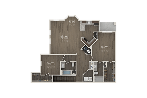Floor plan for 2 beds, 2 baths, 1431 sqft