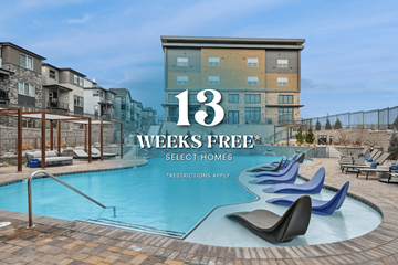 Broomfield apartment for rent - A pool surrounded by chairs and a building that says 13 weeks free.