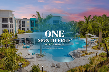 Melbourne apartment for rent - A pool surrounded by palm trees and a building in the background with the text "ONE MONTH FREE SELECT HOMES" written across the top.