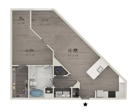 Floor plan for 1 bed, 1 bath, 844 sqft