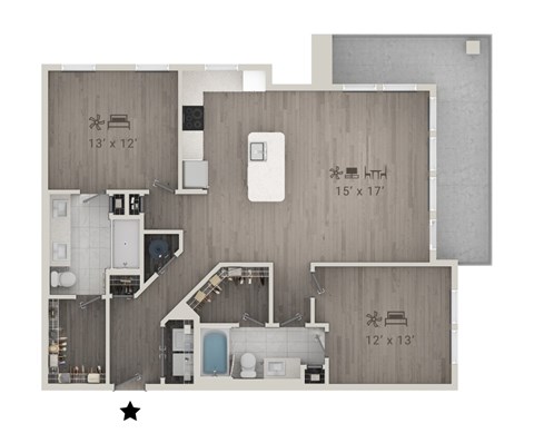 Floor plan for 2 beds, 2 baths, 1153 sqft