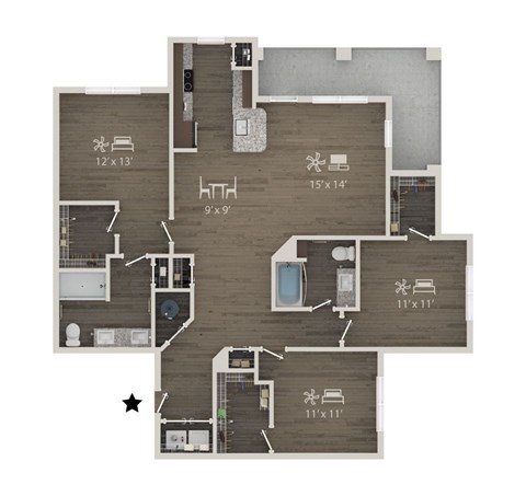 Floor plan for 3 beds, 2 baths, 1535 sqft