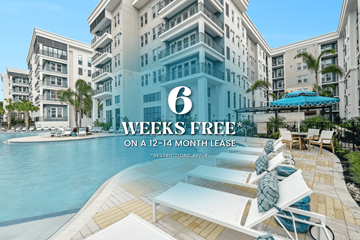 Clearwater apartment for rent - A poolside with lounge chairs and a building in the background advertises a 6 weeks free offer on a 12-14 month lease.