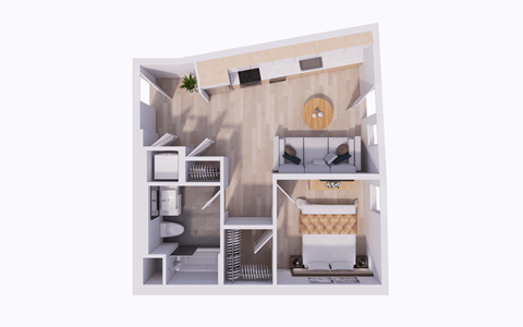 Floor plan for 1 bed, 1 bath, 732 sqft