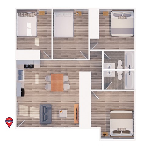 Floor plan for 4 beds, 2 baths, 1100 sqft