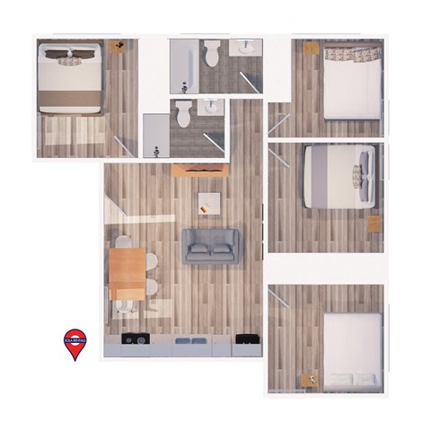 Floor plan for 4 beds, 2 baths, 1100 sqft