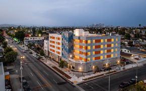 Los Angeles apartment for rent - an overhead view of a building in a city at night