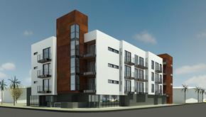 Los Angeles apartment for rent - a rendering of an apartment building on a city street