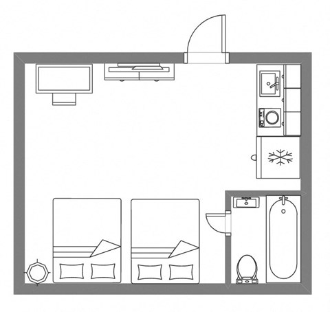 Floor plan for studio, 1 bath, 288 sqft