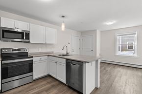 Brunswick apartment for rent - a renovated kitchen with white cabinets and stainless steel appliances