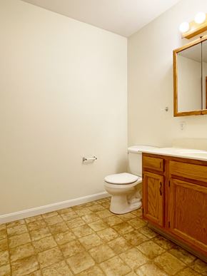 Buxton triplex for rent - A bathroom with a toilet and a wooden cabinet.