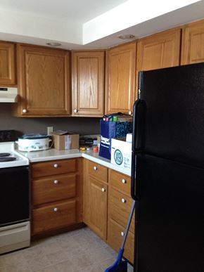 Portland apartment for rent - A kitchen with a black fridge and wooden cabinets.