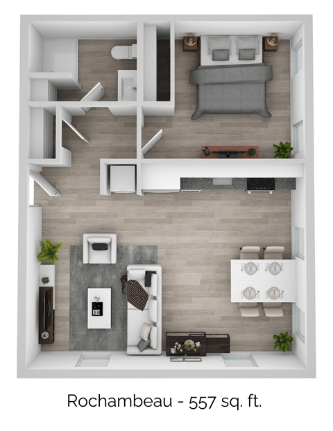Floor plan for 1 bed, 1 bath, 557 sqft