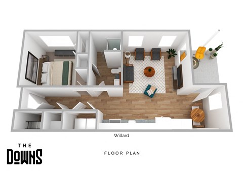 Floor plan for 1 bed, 1 bath, 722 sqft