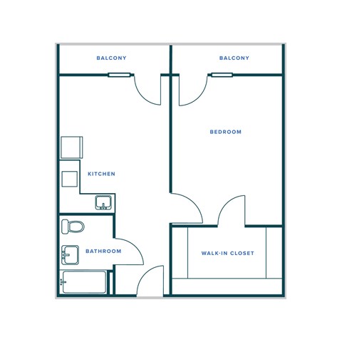 Floor plan for 1 bed, 1 bath, 611 sqft