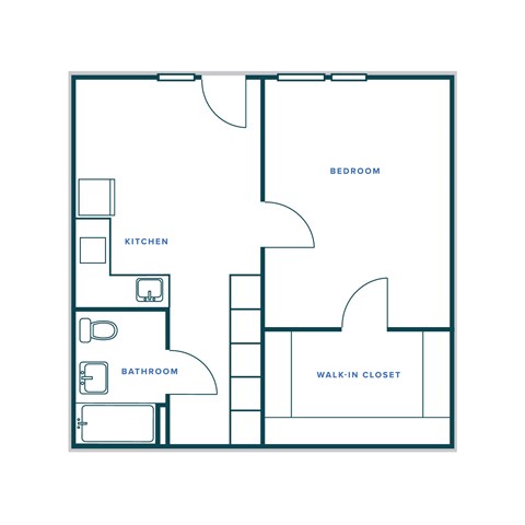 Floor plan for 1 bed, 1 bath, 611 sqft