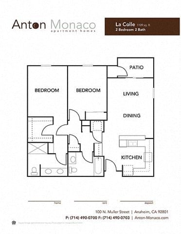 Floor plan for 2 beds, 2 baths, 1109 sqft