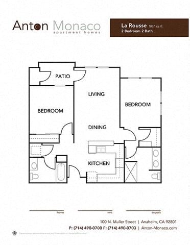 Floor plan for 2 beds, 2 baths, 1067 sqft