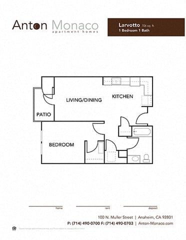 Floor plan for 1 bed, 1 bath, 706 sqft