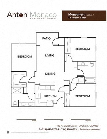 Floor plan for 3 beds, 2 baths, 1308 sqft