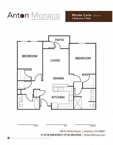 Floor plan for 2 beds, 2 baths, 1102 sqft