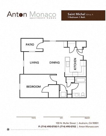 Floor plan for 1 bed, 1 bath, 834 sqft